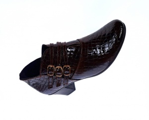 Botine dama din piele naturala Croco, Barete, Catarame argintii, Toc de 5 cm, Maro - MVS63CTCRM - Img 8