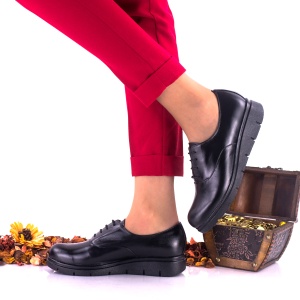Pantofi dama negri, casual din piele naturala cu siret NA269 - Img 2
