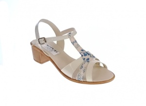 Sandale dama din piele naturala lacuita Bej, cu insertii florale bleu, S81LB - Img 3