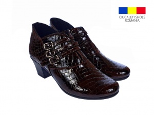 Botine dama din piele naturala Croco, Barete, Catarame argintii, Toc de 5 cm, Maro - MVS63CTCRM