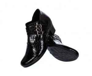 Botine dama din piele naturala Croco, Barete, Catarame argintii, Toc de 5 cm, NEGRU - MVS63CTCRN - Img 5