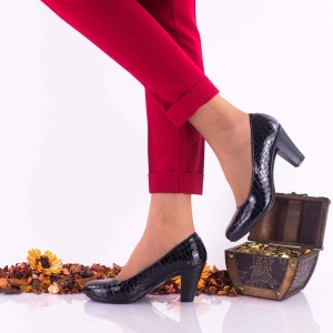 Pantofi dama eleganti din piele naturala ci toc de 7cm - Negru Croco Lac NA236 - Img 2