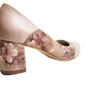 Pantofi eleganti dama, bej, model floral, din piele naturala box, toc 6 cm - NA76BEJ - Img 2