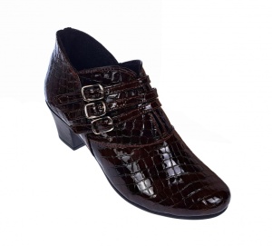 Botine dama din piele naturala Croco, Barete, Catarame argintii, Toc de 5 cm, Maro - MVS63CTCRM - Img 9