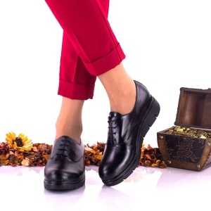 Pantofi dama negri, casual din piele naturala cu siret NA269 - Img 1