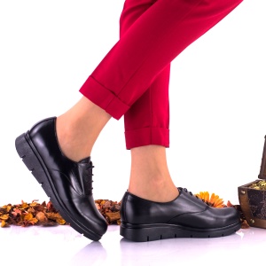 Pantofi dama negri, casual din piele naturala cu siret NA269 - Img 3