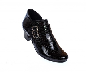 Botine dama din piele naturala Croco, Barete, Catarame argintii, Toc de 5 cm, NEGRU - MVS63CTCRN - Img 6