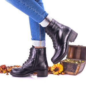 Oferta marimea 35, - Botine dama negre din piele naturala cu siret - LNA278 - Img 2