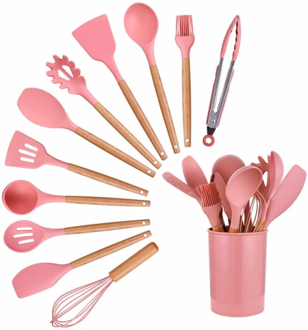 Set 12 ustensile de gatit din silicon, awwaline, maner rezistent din bambus, roz