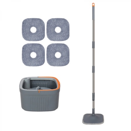 Set mop rotativ 360° cu galeata centrifuga, awwaline, gri, separare apa curata de apa murdara, sistem evacuare apa, 4 rezerve