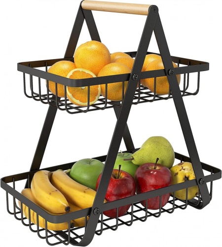 Cos de fructe cu 2 etaje, awwaline, negru, metalic, 31.5 cm x 20 cm x 31 cm, ideal pentru fructe, legume, condimente
