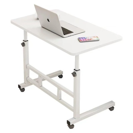 Birou mobil multifunctional cu rotile, awwaline, alb, ajustabil pe inaltime, blat lemn, ideal pentru laptop, teme, mic dejun la pat, 80 x 40 x 60-85 cm