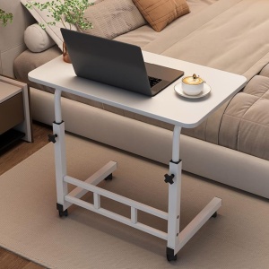 Birou mobil multifunctional cu rotile, awwaline, alb, ajustabil pe inaltime, blat lemn, ideal pentru laptop, teme, mic dejun la pat, 80 x 40 x 60-85 cm - Img 4