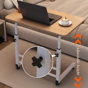 Birou mobil multifunctional cu rotile, awwaline, maro, ajustabil pe inaltime, blat lemn, ideal pentru laptop, teme, mic dejun la pat, 80 x 40 x 60-85 cm - Img 2