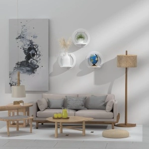 Etajera de perete rotunda, awwaline, alba, PVC, 29 cm x 29 cm, cu suport depozitare - Img 7
