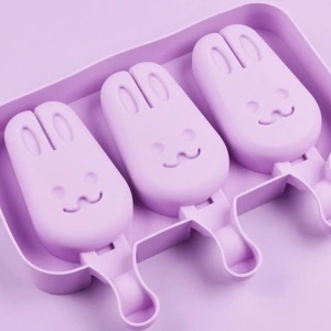 Forma inghetata cu 3 compartimente, awwaline, forme iepurasi, mov, silicon alimentar, 50 de bete, cu capac protectie - Img 6