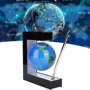 Glob pamantesc magnetic plutitor cu iluminare LED, awwaline, negru, 17.3 cm x 19.5 cm x 5 cm, prevazut cu pix cromat si suport - Img 7