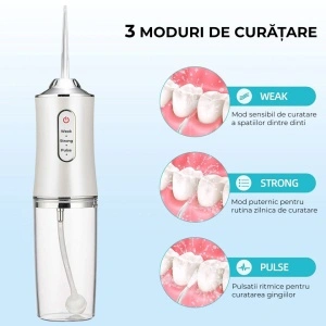 Irigator oral pentru dus bucal, awwaline®, Ultra-Portabil, 4 Capete Curatare, Rezervor 220 ml, alb - Img 3