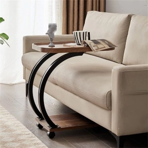 Masuta cafea cu roti, awwaline, lemn, maro, C-Shaped, 2 nivele, 52 x 34 x 60 cm - Img 6
