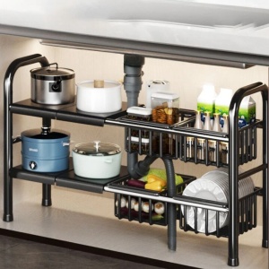 Raft organizator extensibil cu 2 etaje si 4 cosuri, awwaline, negru, 55-85 x 38 x 53 cm, ideal pentru spatiul de sub chiuveta - Img 4