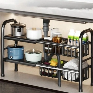 Raft organizator extensibil cu 2 etaje si 4 cosuri, awwaline, negru, 55-85 x 38 x 53 cm, ideal pentru spatiul de sub chiuveta - Img 4