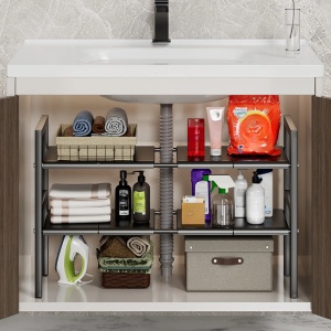 Raft organizator extensibil cu 2 etaje si 8 suporturi detasabile, awwaline, negru, 55-85 x 38 x 53 cm, ideal pentru spatiul de sub chiuveta - Img 2
