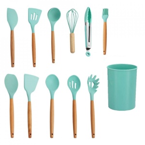 Set 12 ustensile de gatit din silicon, awwaline, maner rezistent din bambus, verde - Img 5