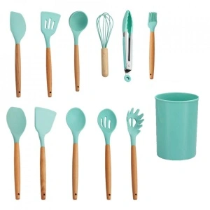 Set 12 ustensile de gatit din silicon, awwaline, maner rezistent din bambus, verde - Img 5