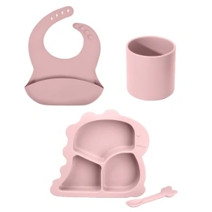 Set hranire bebelusi 4 piese pentru diversificare, awwaline, roz, silicon, BPA free, farfurie cu ventuza, pahar, lingurita si baveta