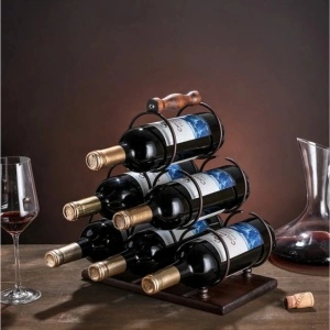 Suport 6 sticle de vin, awwaline, maro, lemn natural si otel, design modern, maner solid, 30 x 16 x 32.5 cm - Img 3