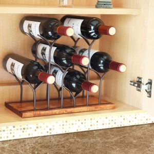 Suport 6 sticle de vin, awwaline, maro, lemn natural si otel, design modern, 34 x 16 x 25 cm - Img 3