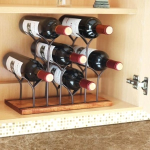Suport 6 sticle de vin, awwaline, maro, lemn natural si otel, design modern, 34 x 16 x 25 cm - Img 3