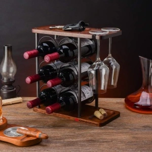 Suport 6 sticle de vin cu sistem suspendat pentru 2 pahare, awwaline, maro, lemn, 34 x 35 x 16 cm - Img 2