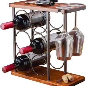 Suport 6 sticle de vin cu sistem suspendat pentru 2 pahare, awwaline, maro, lemn, 34 x 35 x 16 cm