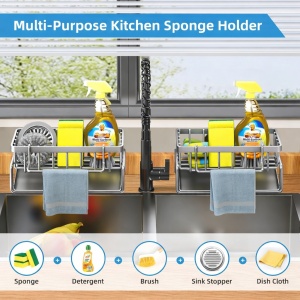 Suport din inox pentru burete si accesorii de chiuveta, awwaline, argintiu, 23 x 9 x 10 cm - Img 3