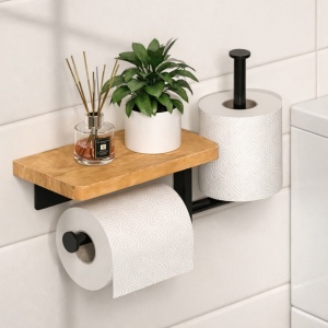 Suport hartie igienica cu raft depozitare telefon sau alte accesorii, awwaline, Negru/Maro, prindere cu adeziv sau suruburi, 27 x 22 cm, spatiu pentru 2 role - Img 3