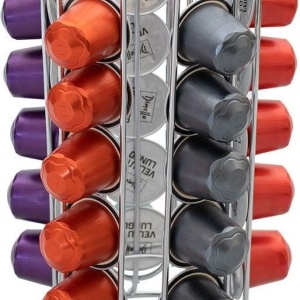 Suport metalic 30 capsule cafea, argintiu, 9.5 x 25 cm, compatibil Nespresso, Lavazza