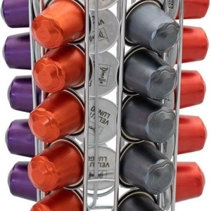 Suport metalic 30 capsule cafea, argintiu, 9.5 x 25 cm, compatibil Nespresso, Lavazza