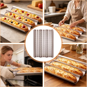 Tava de copt pentru baghete, awwaline, maro, otel carbon, perforata, antiaderenta, 3 locuri, 38.5 x 27 x 3.2 cm - Img 2