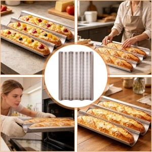 Tava de copt pentru baghete, awwaline, maro, otel carbon, perforata, antiaderenta, 3 locuri, 38.5 x 27 x 3.2 cm - Img 2