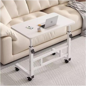 Birou mobil multifunctional cu rotile, awwaline, alb, ajustabil pe inaltime, blat lemn, ideal pentru laptop, teme, mic dejun la pat, 80 x 40 x 60-85 cm - Img 5