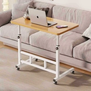 Birou mobil multifunctional cu rotile, awwaline, maro, ajustabil pe inaltime, blat lemn, ideal pentru laptop, teme, mic dejun la pat, 80 x 40 x 60-85 cm - Img 3