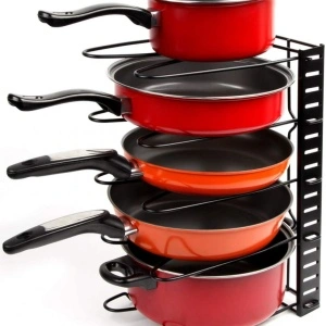 Etajera multifunctionala pentru tigai si capace, neagra, inaltime ajustabila, 5 rafturi