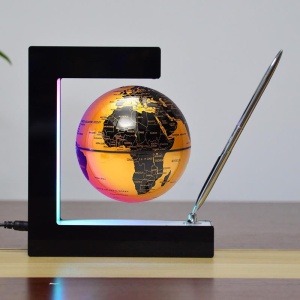 Glob pamantesc magnetic plutitor cu iluminare LED, awwaline, auriu, 17.3 cm x 19.5 cm x 5 cm, prevazut cu pix cromat si suport - Img 2