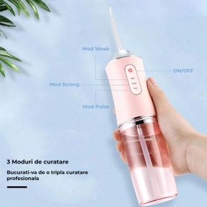 Irigator oral pentru dus bucal, awwaline®, Ultra-Portabil, 4 Capete Curatare, Rezervor 220 ml, roz - Img 2