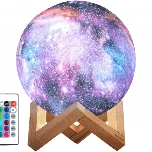 Lampa de veghe multicolor, awwaline, model luna 3D, 7 efecte, reincarcabila, portabila, suport lemn