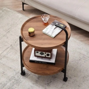 Masuta cafea rotunda cu roti, awwaline, lemn, maro, 2 nivele, 41 x 41 x 69 cm - Img 2