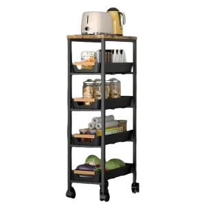 Organizator multifunctional portabil cu 5 nivele, awwaline, 4 rafturi retractabile si 1 polita MDF, slim, rotativ 360°, 38 x 23.5 x 81.5 cm