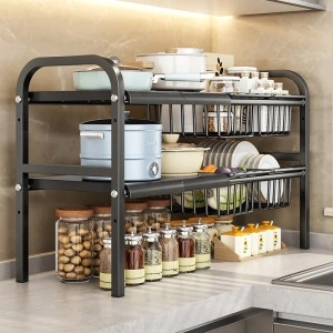 Raft organizator extensibil cu 2 etaje si 4 cosuri, awwaline, negru, 55-85 x 38 x 53 cm, ideal pentru spatiul de sub chiuveta - Img 5
