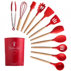 Set 12 ustensile de gatit din silicon, awwaline, maner rezistent din bambus, rosu - Img 1